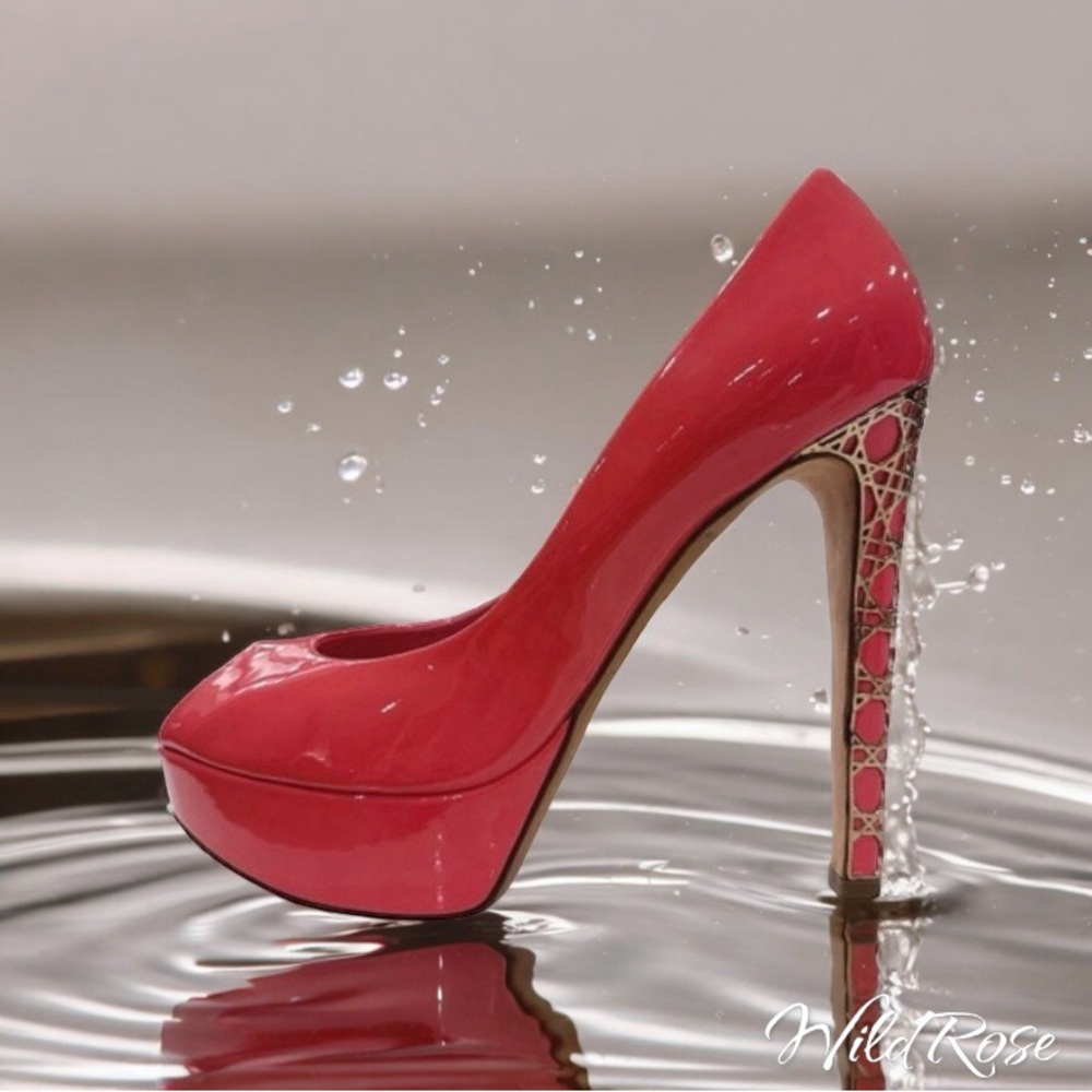 CHRISTIAN DIOR Pink Patent Leather Cannage Gold Metal Guilded Heel Platform Pump